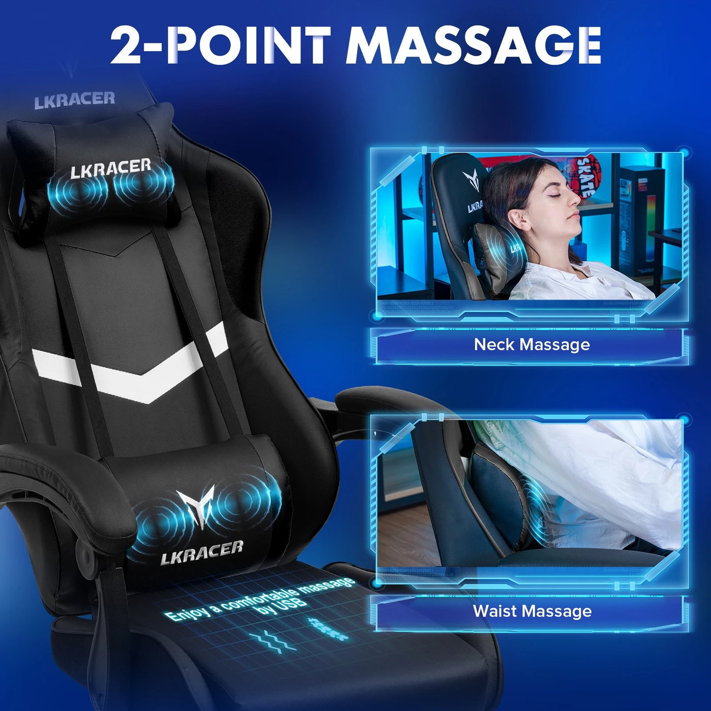 LUCKRACER Gaming Chair, Massage Ergonomic Computer Chair with Lumbar Support High Back Height Adjustable Gaming Chair