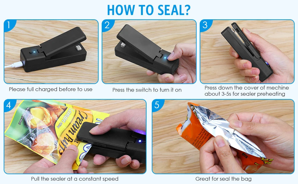 Mini Bag Sealer 2 in 1 Rechargeable Portable Bag Vacuum Heat Sealer&Cutter for Plastic Snack PVC Bags Outdoor Picnic Campaign