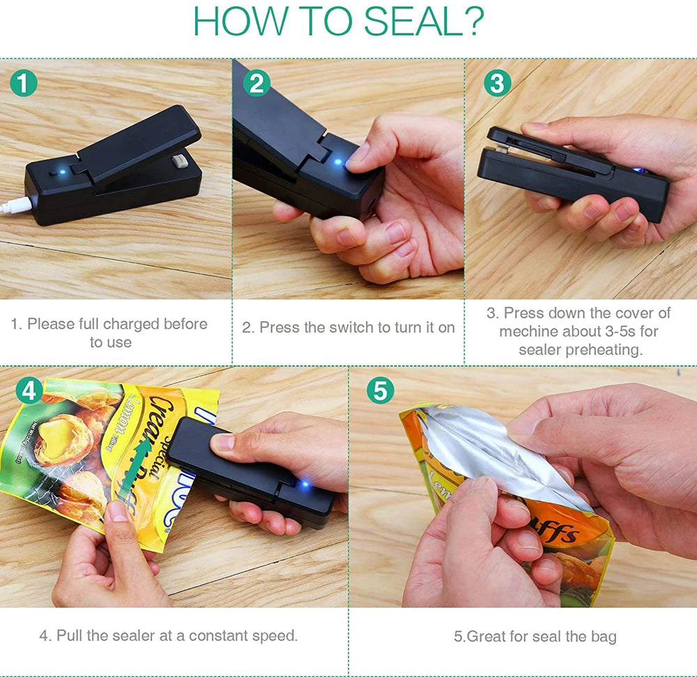 Mini Bag Sealer 2 in 1 Rechargeable Portable Bag Vacuum Heat Sealer&Cutter for Plastic Snack PVC Bags Outdoor Picnic Campaign