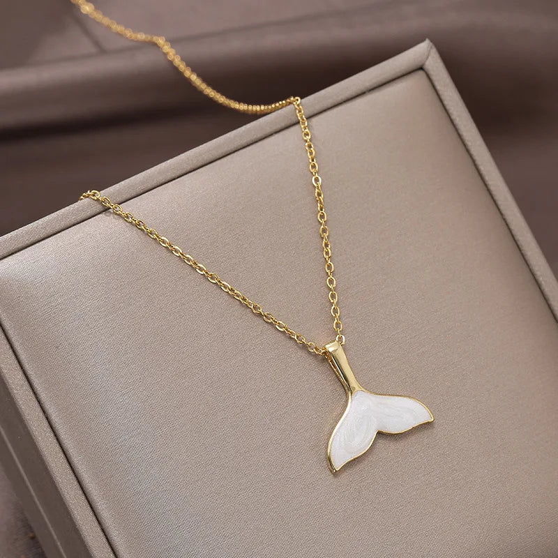 DIEYURO 316L Stainless Steel New White Shell Mermaid Tail Lucky Beautiful Pendant Necklace Valentine's Day Gift For Girlfriend