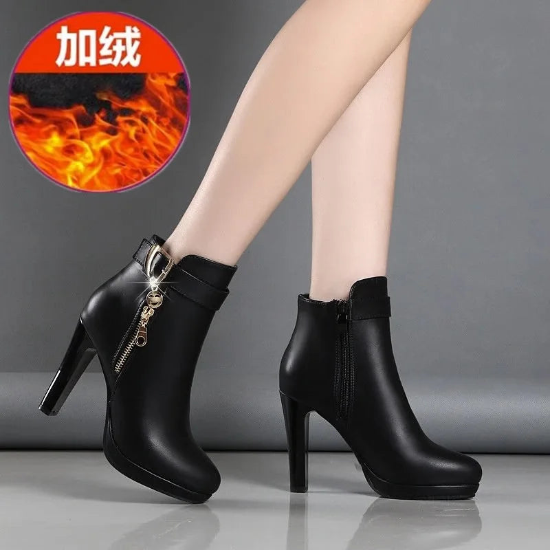 Round Toe High Heeled Boots Women Winter 2023 Sexy Plush Ankle Boots Simple Slim Heeled Leather Boots Elegant Woman Heeled Shoe