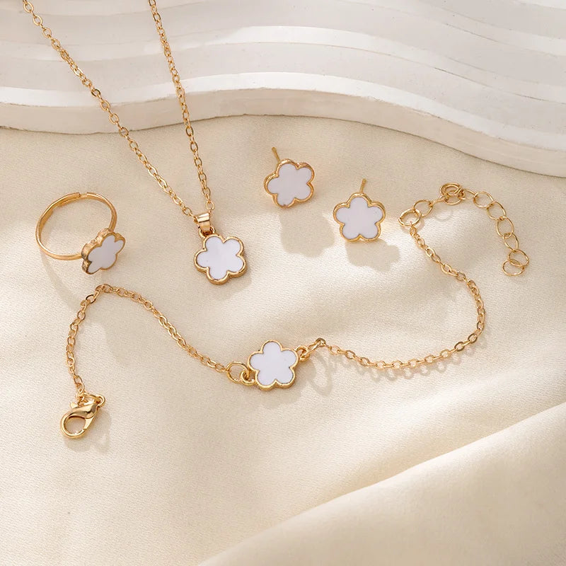 4 PCS Luxury Flower Stud Earrings Bracelet Necklace Ring Set for Women Delicate Plum Blossom Five Leaf Flower Jewelry Party Gift