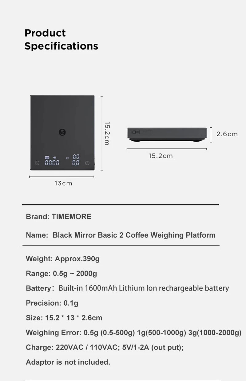 TIMEMORE Basic 2 Black Mirror Pour Over Coffee Scale flow rate display Auto Timer digit Kitchen Food scale espresso 0.1g/2kg