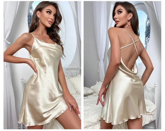 Cross Back Silk Satin Women Nightgown Sleeveless Cowl Neck Sleepwear Female Solid Nighwear Dress Homewear Nightwear Loungerwear