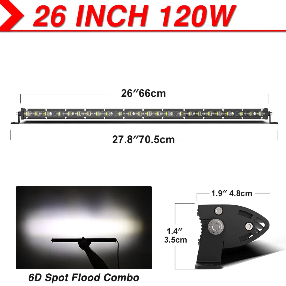 6D Ultra Strip LED Light Bar 8" 14" 20" inch Driving Fog Lamp Work Light 4x4 Led Bar for Motorcycle Offroad SUV ATV Tractor