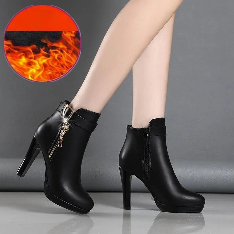 Round Toe High Heeled Boots Women Winter 2023 Sexy Plush Ankle Boots Simple Slim Heeled Leather Boots Elegant Woman Heeled Shoe