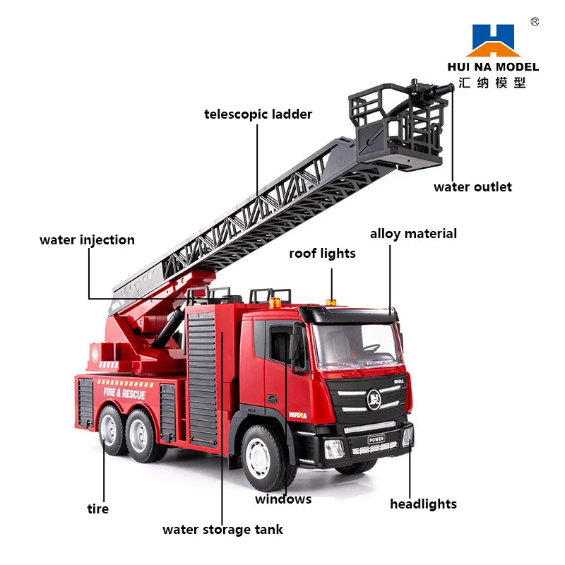 Huina 1361 Big RC Fire Truck 9CH 1/24 Scale Remote Controlled Fire Rescue Car Simulated Ladder Car  Spraying Water Toys Gift