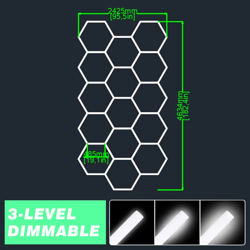 3-Level Dimmable Garage Light Hexagon Lamp 110V-240V Led Tube Honeycomb Ceiling Lighting for Auto Car Body Repair Led Workshop