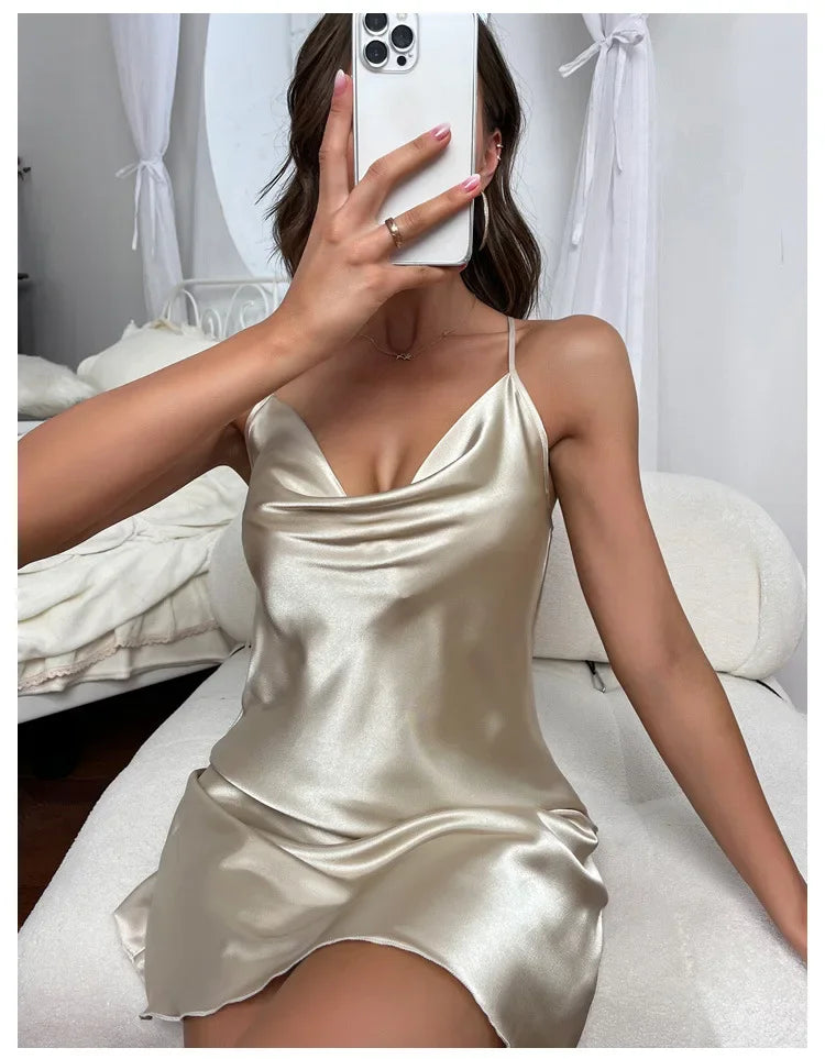 Cross Back Silk Satin Women Nightgown Sleeveless Cowl Neck Sleepwear Female Solid Nighwear Dress Homewear Nightwear Loungerwear