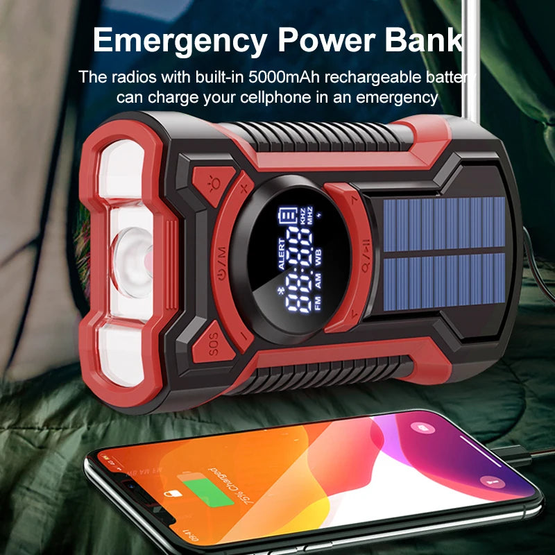 5000mAh Emergency Radio Hand Crank Solar FM AM WB NOAA Weather Radio with LED Flashlight BT 5.3 Speaker Power Bank Phone Charger