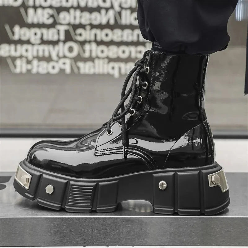 Autumn Men Platform Boots Patent Leather Casual Ankle Boots Metal Male Chunky Sole Flats Sneakers British Party Dress Shoes 46