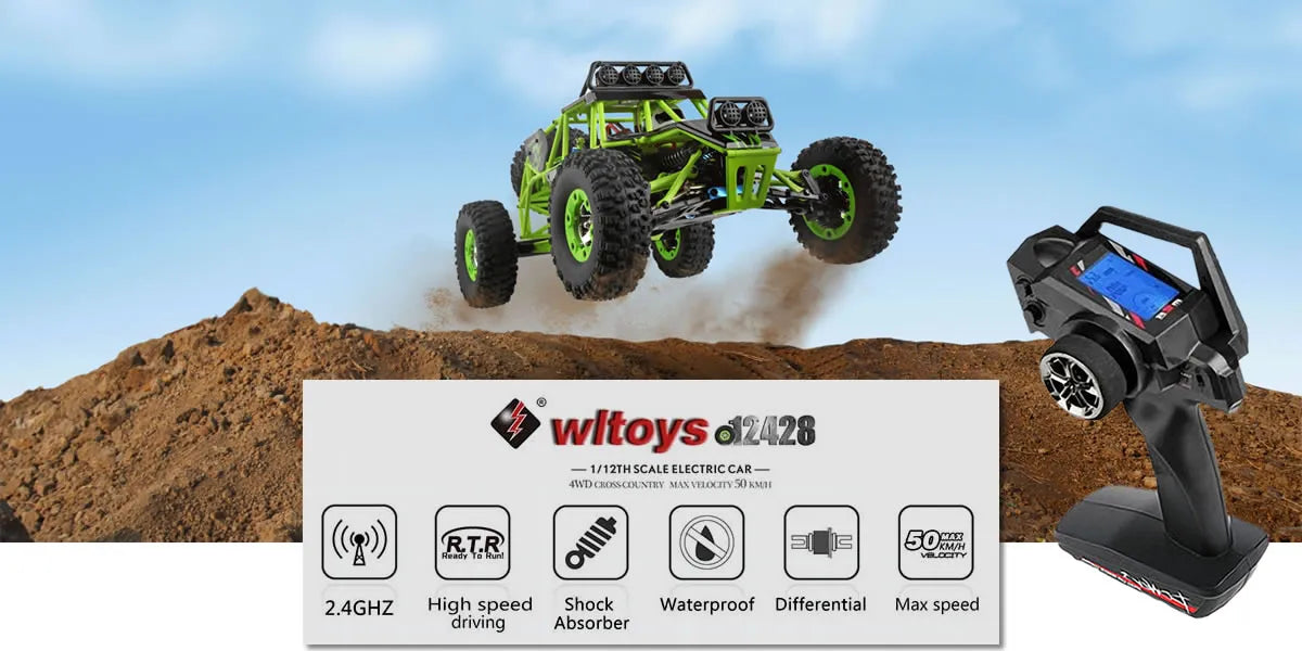 WLtoys 12428 1:12 4WD RC Racing Car High Speed Off-Road Remote Control Alloy Climbing Truck LED Light Buggy Boys Toys Kids Gift