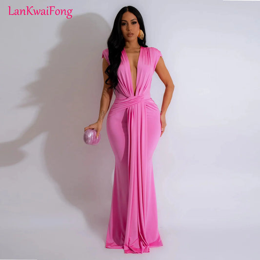 LKF Fashionable Party Dress Sleeveless Deep V Waist Sexy Solid Color Stretch Elegant MIDI Long Evening Dress