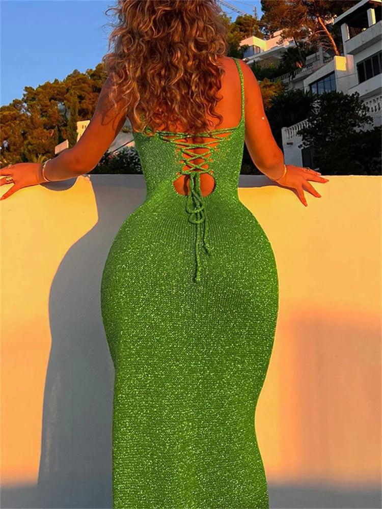 Tossy Knit Sequin Backless Maxi Dress Female Side Split Bandage Elegant Fashion Glitter Party Dress Ladies Lace-Up Women's Dress