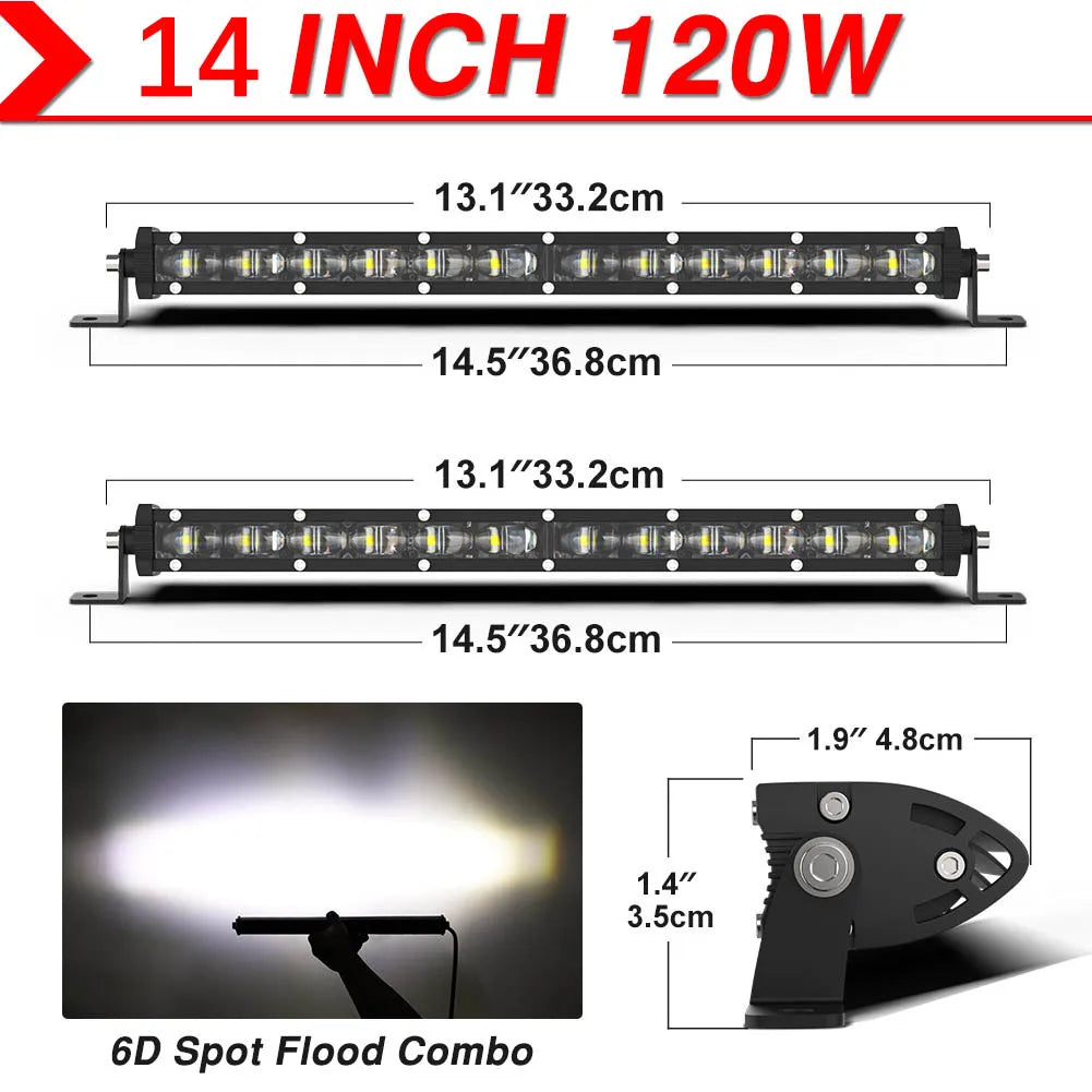 6D Ultra Strip LED Light Bar 8" 14" 20" inch Driving Fog Lamp Work Light 4x4 Led Bar for Motorcycle Offroad SUV ATV Tractor