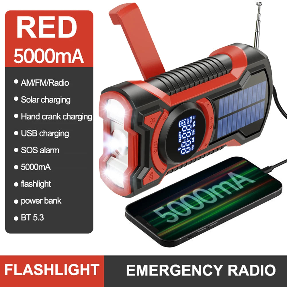 5000mAh Emergency Radio Hand Crank Solar FM AM WB NOAA Weather Radio with LED Flashlight BT 5.3 Speaker Power Bank Phone Charger