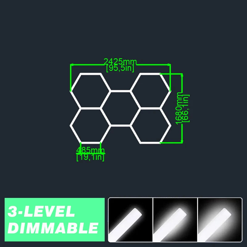 3-Level Dimmable Garage Light Hexagon Lamp 110V-240V Led Tube Honeycomb Ceiling Lighting for Auto Car Body Repair Led Workshop