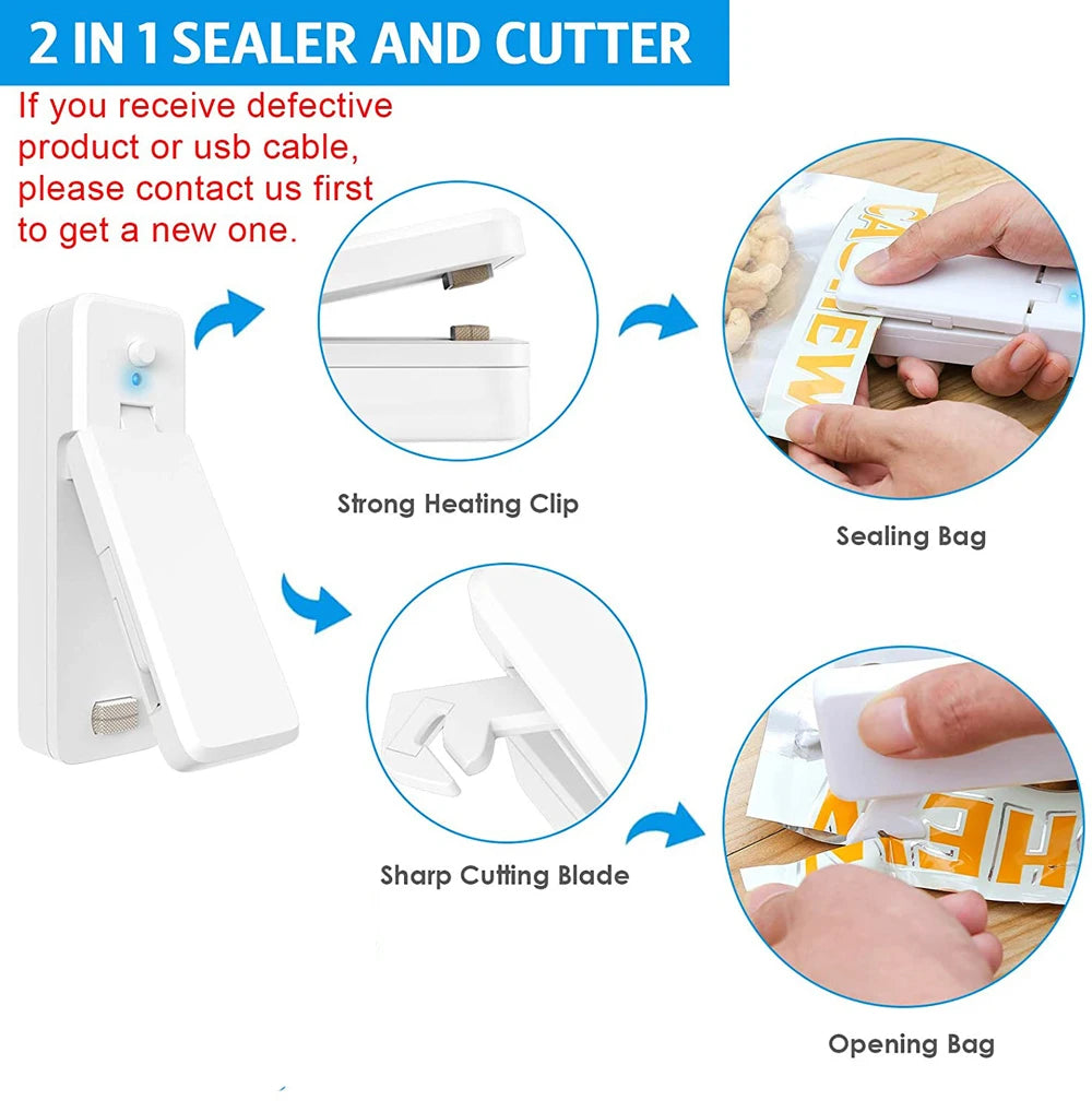 Mini Bag Sealer 2 in 1 Rechargeable Portable Bag Vacuum Heat Sealer&Cutter for Plastic Snack PVC Bags Outdoor Picnic Campaign