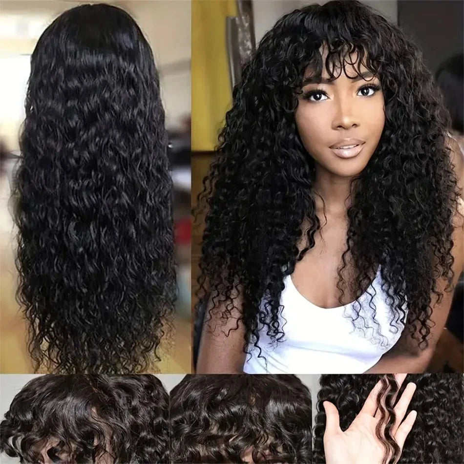 Long Water Wave Wigs For Black Women Malaysian Curly Human Hair Wigs With Bangs Full Machine Made Wigs Cheap Remy Human Hair Wig