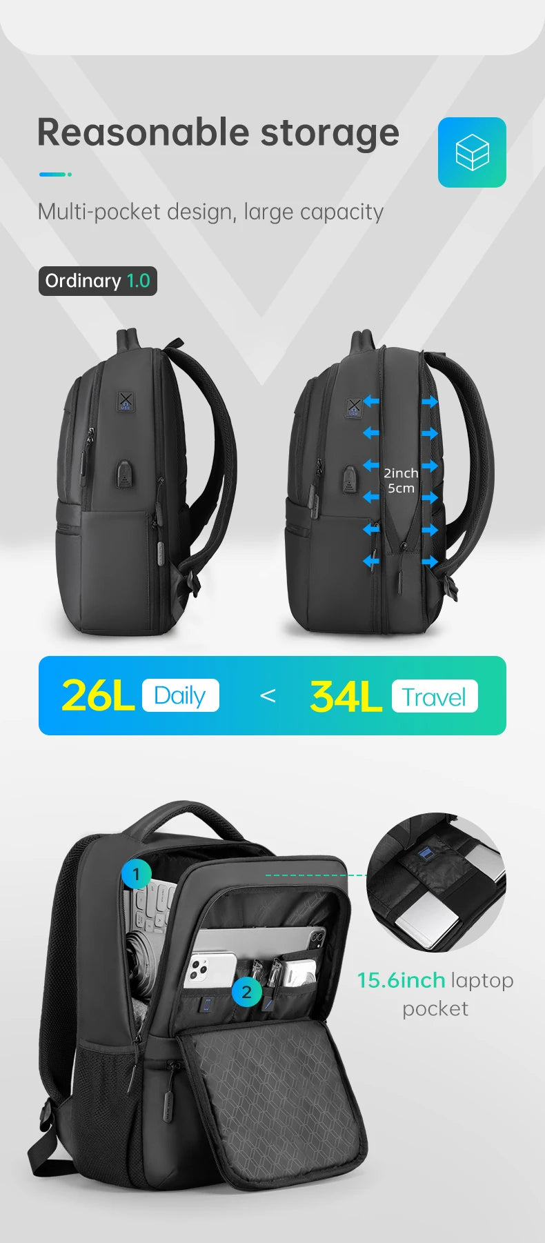 MarkRyden Fady: Expandable Lightweight USB Charging Laptop Backpack with Anti-theft Backpack Men Backpack Black Backpack