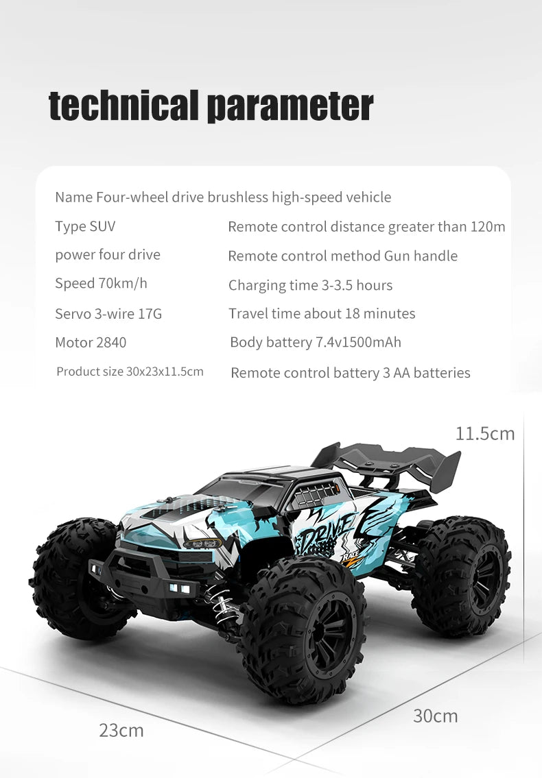 Rc Car Off Road 4x4 High Speed 75KM/H Remote Control Car with LED Headlight Brushless 4WD 1/16 Monster Truck Toys for Boys Gift