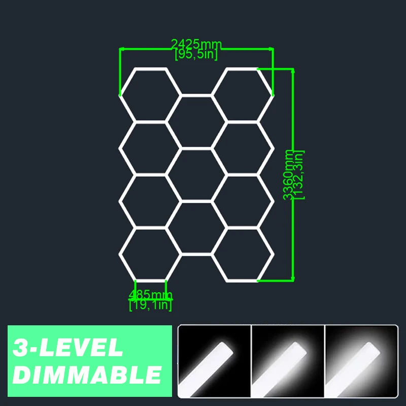 3-Level Dimmable Garage Light Hexagon Lamp 110V-240V Led Tube Honeycomb Ceiling Lighting for Auto Car Body Repair Led Workshop