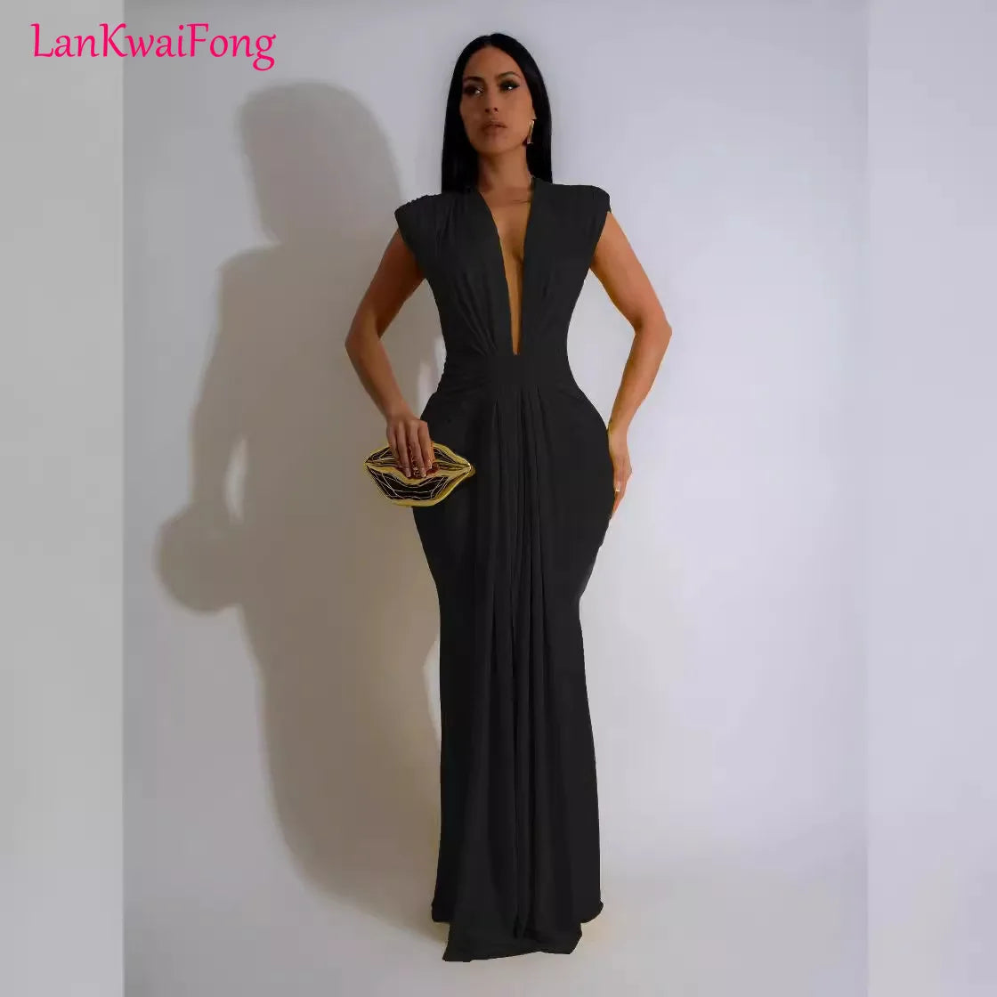 LKF Fashionable Party Dress Sleeveless Deep V Waist Sexy Solid Color Stretch Elegant MIDI Long Evening Dress