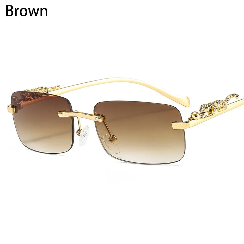 Square Rimless Sunglasses Women Men Cut Edge Golden Leopard Small Frame Sun Glasses Designer Retro Shade Eyewear UV400 oculos