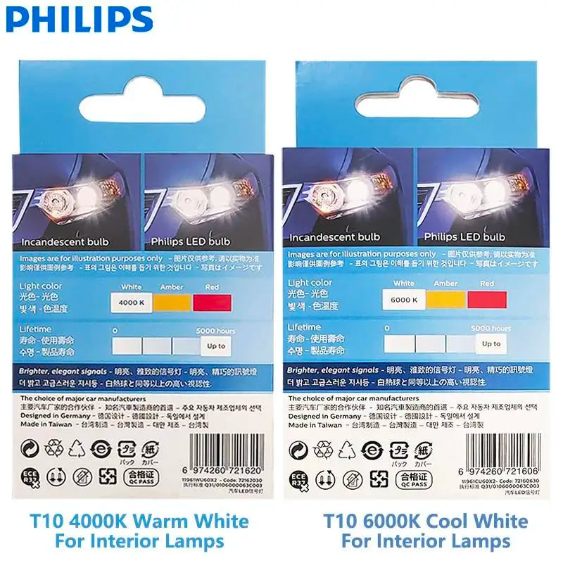 Philips LED T10 W5W Ultinon Pro6000 4000K 6000K White Bright Car Interior Lamps Turn Signal No Flash Flickering Error Free, Pair