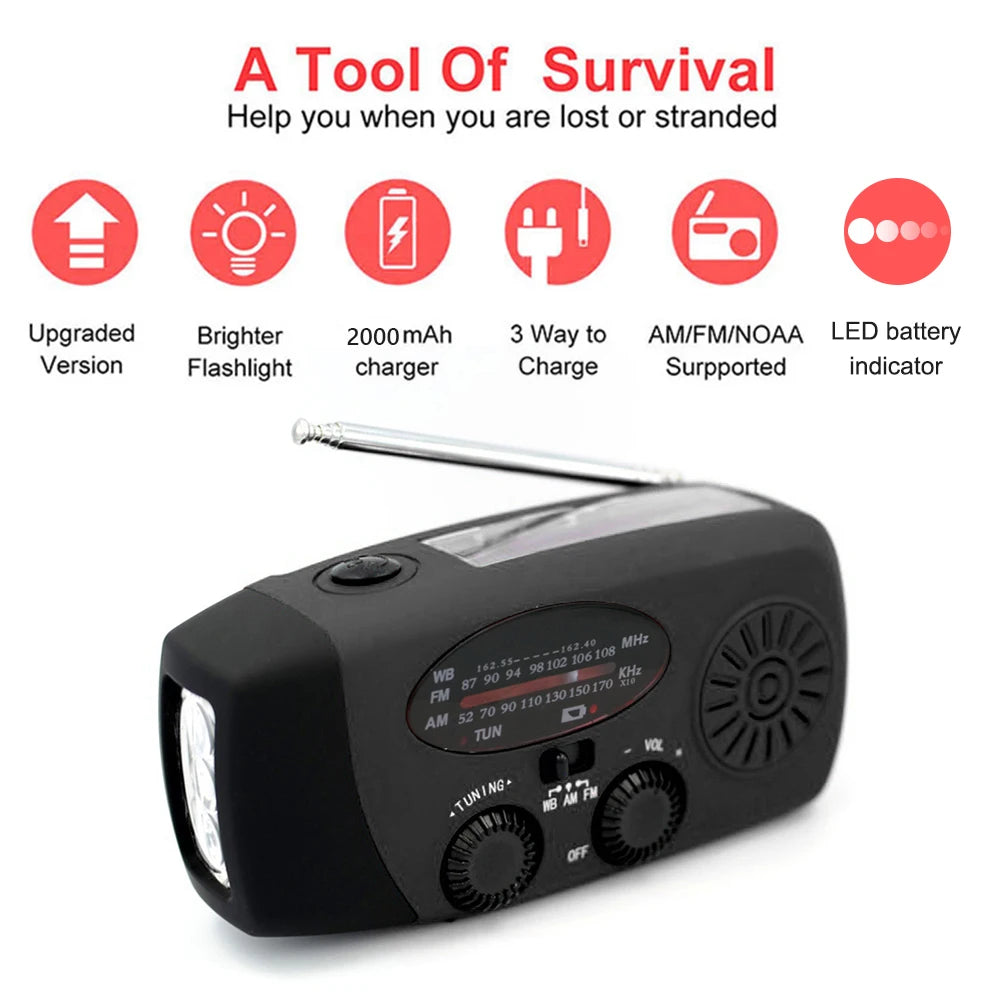 5000mAh Emergency Radio Hand Crank Solar FM AM WB NOAA Weather Radio with LED Flashlight BT 5.3 Speaker Power Bank Phone Charger