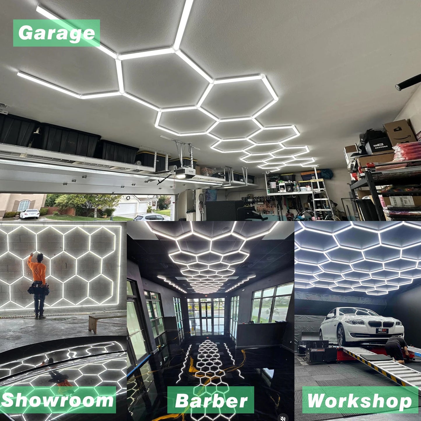 3-Level Dimmable Garage Light Hexagon Lamp 110V-240V Led Tube Honeycomb Ceiling Lighting for Auto Car Body Repair Led Workshop