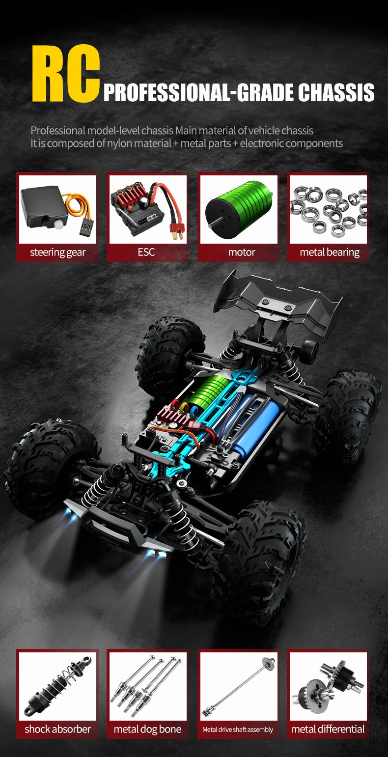 Rc Car Off Road 4x4 High Speed 75KM/H Remote Control Car with LED Headlight Brushless 4WD 1/16 Monster Truck Toys for Boys Gift