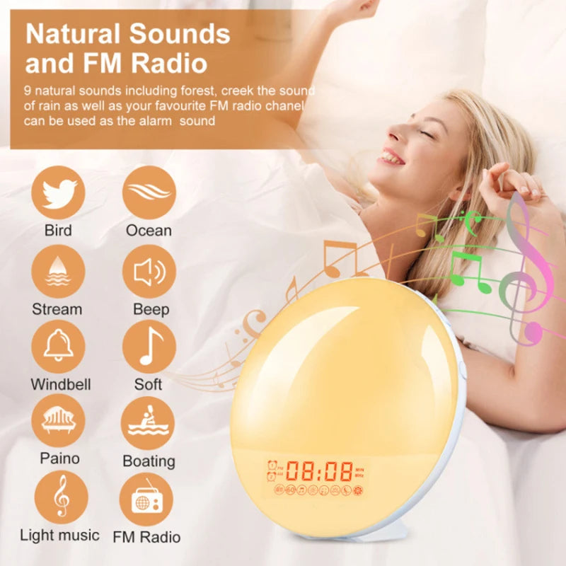 Wake Up Light Alarm Clock with Sunrise/Sunset Simulation Dual Alarms FM Radio Nightlight 7 Colors Natural Sounds Snooze