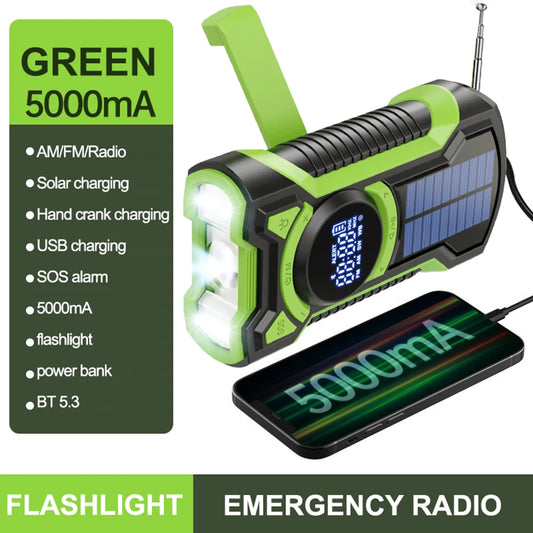 5000mAh Emergency Radio Hand Crank Solar FM AM WB NOAA Weather Radio with LED Flashlight BT 5.3 Speaker Power Bank Phone Charger