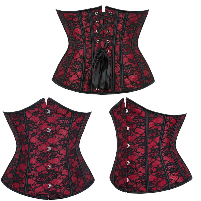 Underbust Corset Lace Floral Red Waist Trainer Cincher Gothic Women Slimming Belt Bustier Corselet