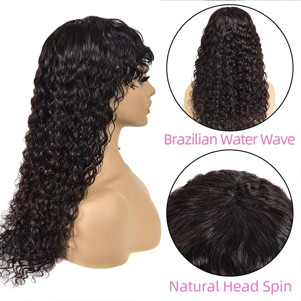 Long Water Wave Wigs For Black Women Malaysian Curly Human Hair Wigs With Bangs Full Machine Made Wigs Cheap Remy Human Hair Wig