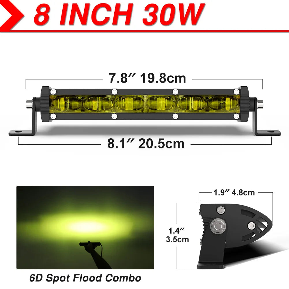 6D Ultra Strip LED Light Bar 8" 14" 20" inch Driving Fog Lamp Work Light 4x4 Led Bar for Motorcycle Offroad SUV ATV Tractor