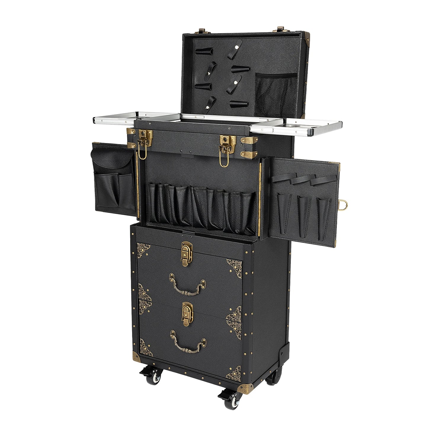 3 Tiers Rolling Makeup Train Case Professional Hair kit on Wheels Large Makeup Trolley Salon Barber Traveling Trunk Suitcase