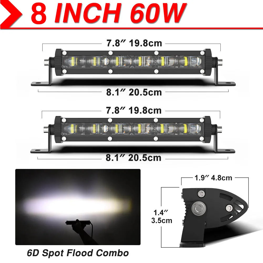 6D Ultra Strip LED Light Bar 8" 14" 20" inch Driving Fog Lamp Work Light 4x4 Led Bar for Motorcycle Offroad SUV ATV Tractor