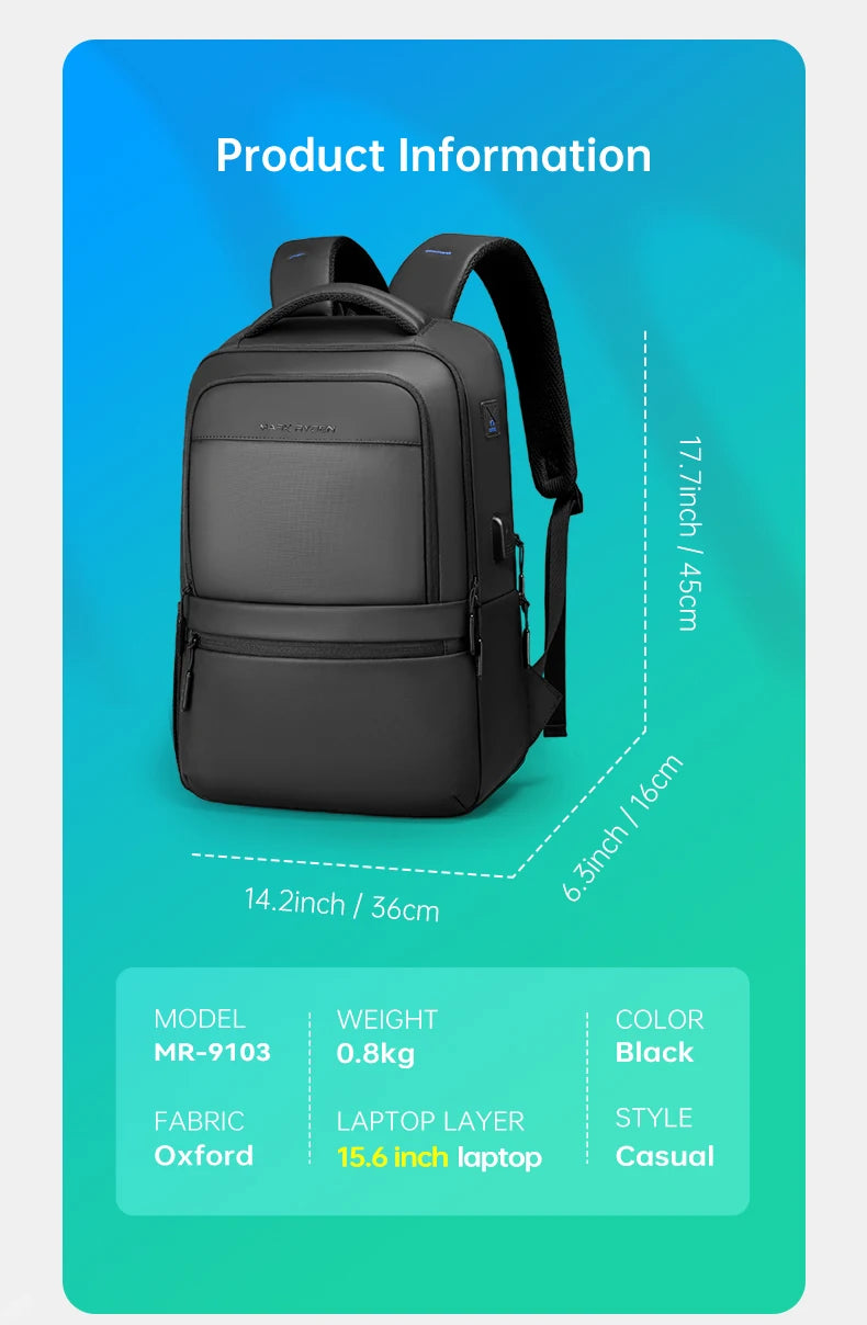 MarkRyden Fady: Expandable Lightweight USB Charging Laptop Backpack with Anti-theft Backpack Men Backpack Black Backpack