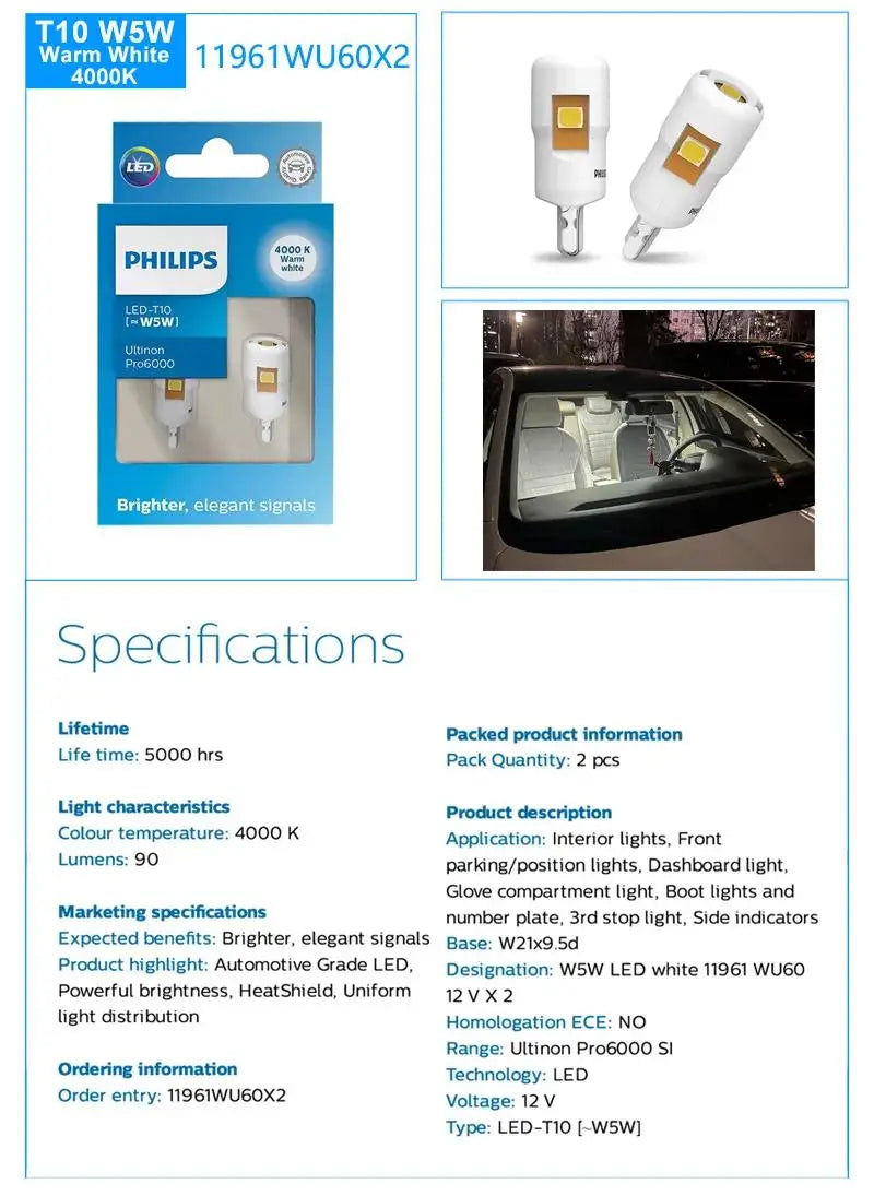 Philips LED T10 W5W Ultinon Pro6000 4000K 6000K White Bright Car Interior Lamps Turn Signal No Flash Flickering Error Free, Pair