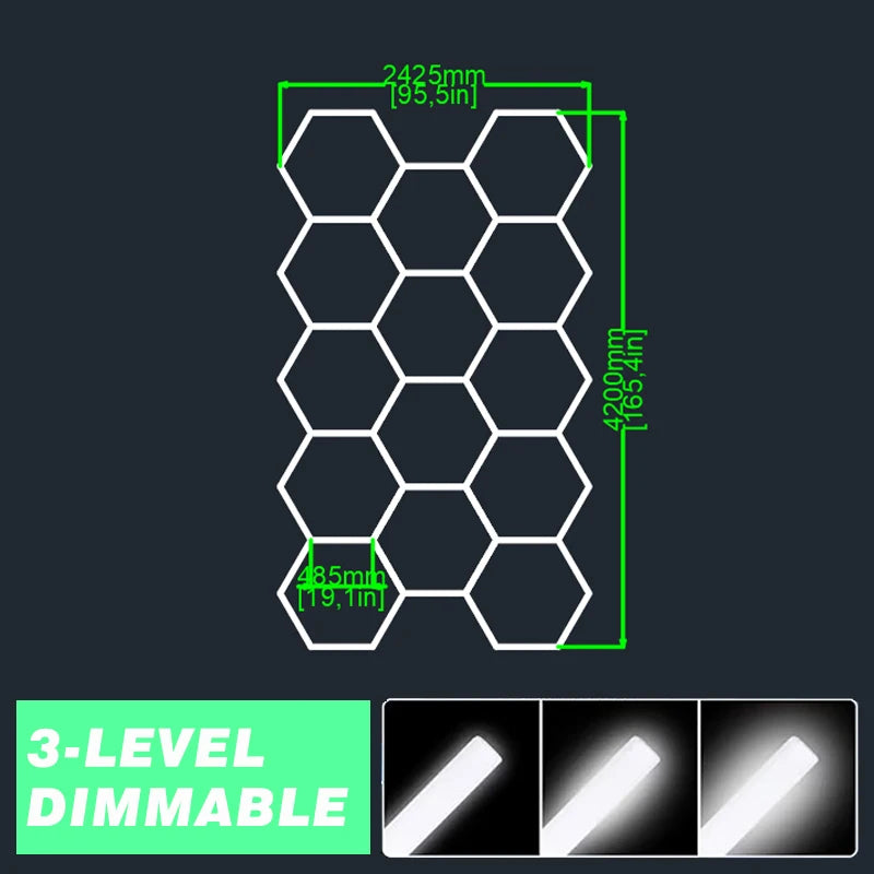 3-Level Dimmable Garage Light Hexagon Lamp 110V-240V Led Tube Honeycomb Ceiling Lighting for Auto Car Body Repair Led Workshop