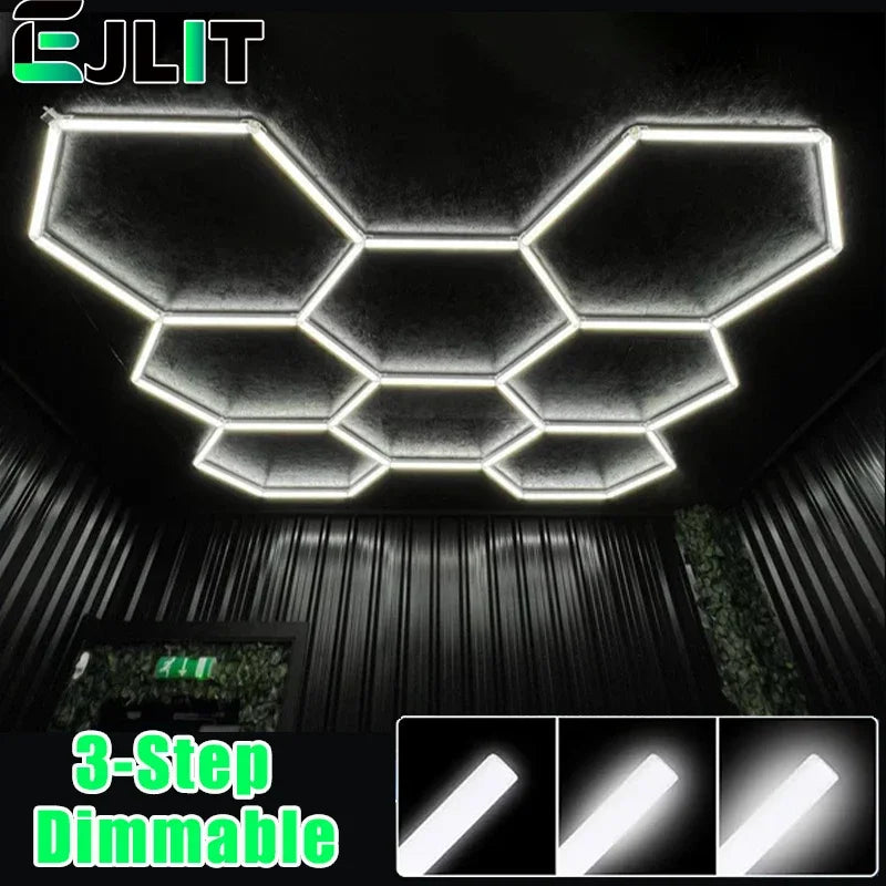 3-Level Dimmable Garage Light Hexagon Lamp 110V-240V Led Tube Honeycomb Ceiling Lighting for Auto Car Body Repair Led Workshop