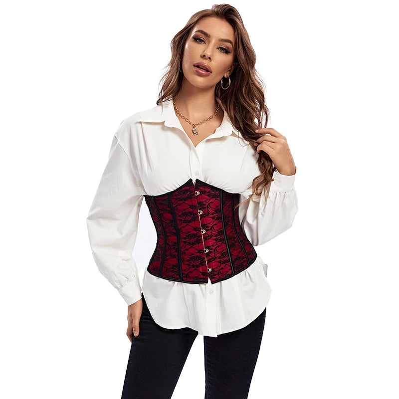 Underbust Corset Lace Floral Red Waist Trainer Cincher Gothic Women Slimming Belt Bustier Corselet