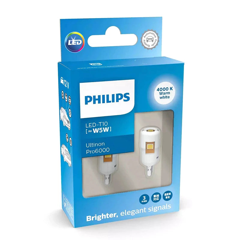 Philips LED T10 W5W Ultinon Pro6000 4000K 6000K White Bright Car Interior Lamps Turn Signal No Flash Flickering Error Free, Pair