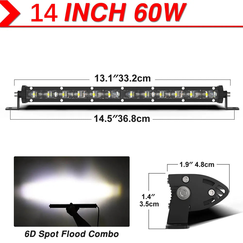 6D Ultra Strip LED Light Bar 8" 14" 20" inch Driving Fog Lamp Work Light 4x4 Led Bar for Motorcycle Offroad SUV ATV Tractor