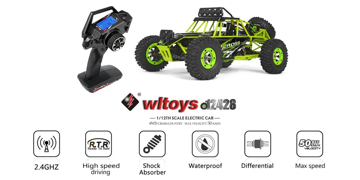 WLtoys 12428 1:12 4WD RC Racing Car High Speed Off-Road Remote Control Alloy Climbing Truck LED Light Buggy Boys Toys Kids Gift