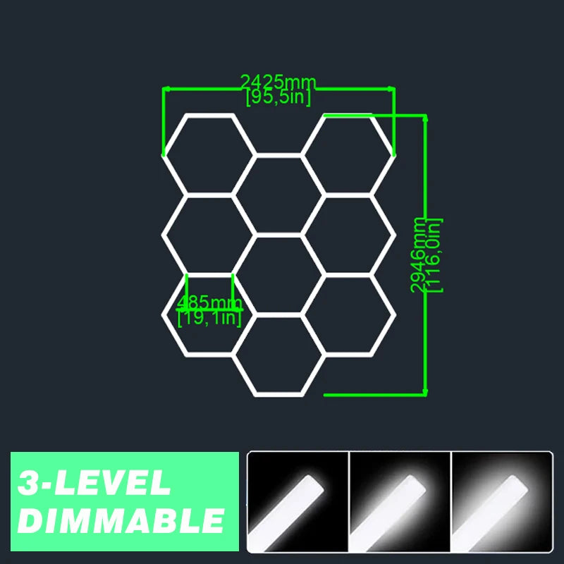 3-Level Dimmable Garage Light Hexagon Lamp 110V-240V Led Tube Honeycomb Ceiling Lighting for Auto Car Body Repair Led Workshop