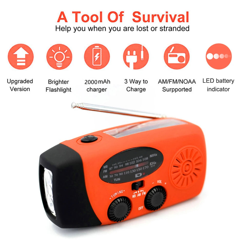 5000mAh Emergency Radio Hand Crank Solar FM AM WB NOAA Weather Radio with LED Flashlight BT 5.3 Speaker Power Bank Phone Charger