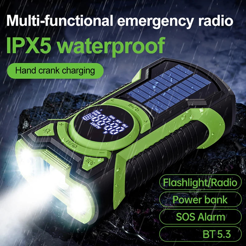 5000mAh Emergency Radio Hand Crank Solar FM AM WB NOAA Weather Radio with LED Flashlight BT 5.3 Speaker Power Bank Phone Charger